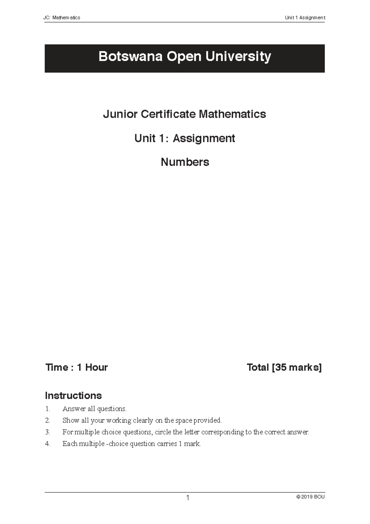 JC: Mathematics Unit 1 Assignment - Botswana Open University - Studocu