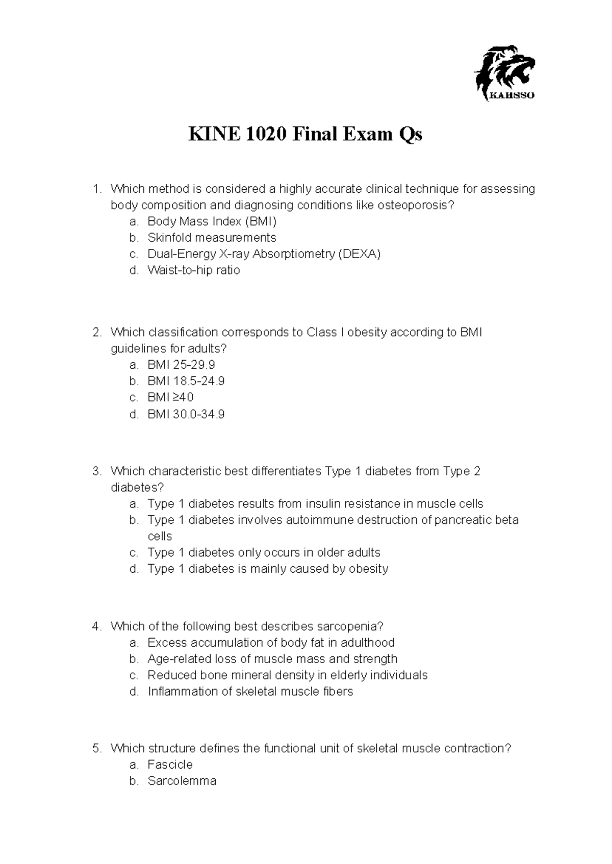 KINE 1020 Winter Final Exam Questions and Key Concepts - Studocu