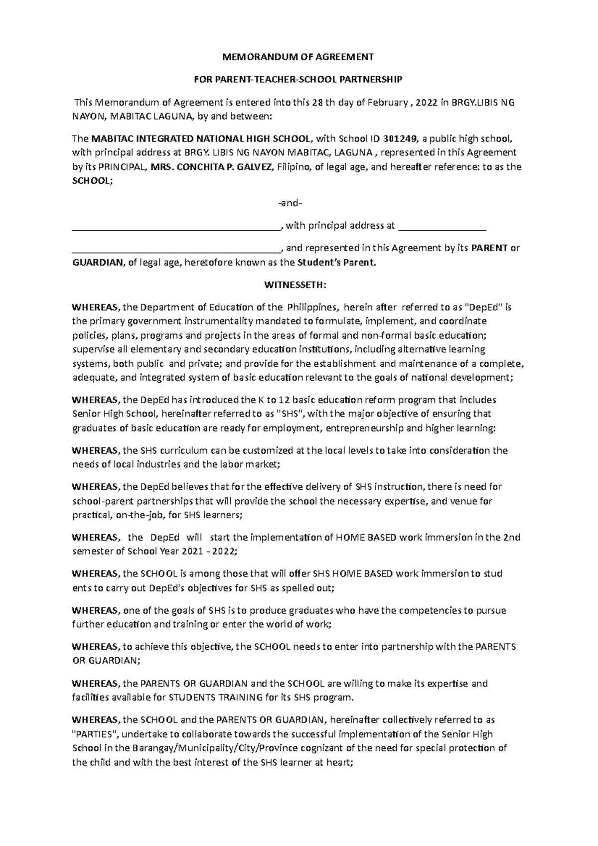 Memorandum of Agreement for SHS Parent-Teacher Partnership - Studocu