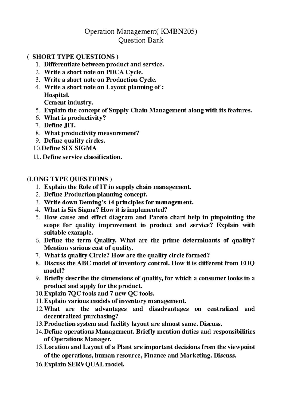 OM(KMBN205) Comprehensive Question Bank for Operations Management - Studocu