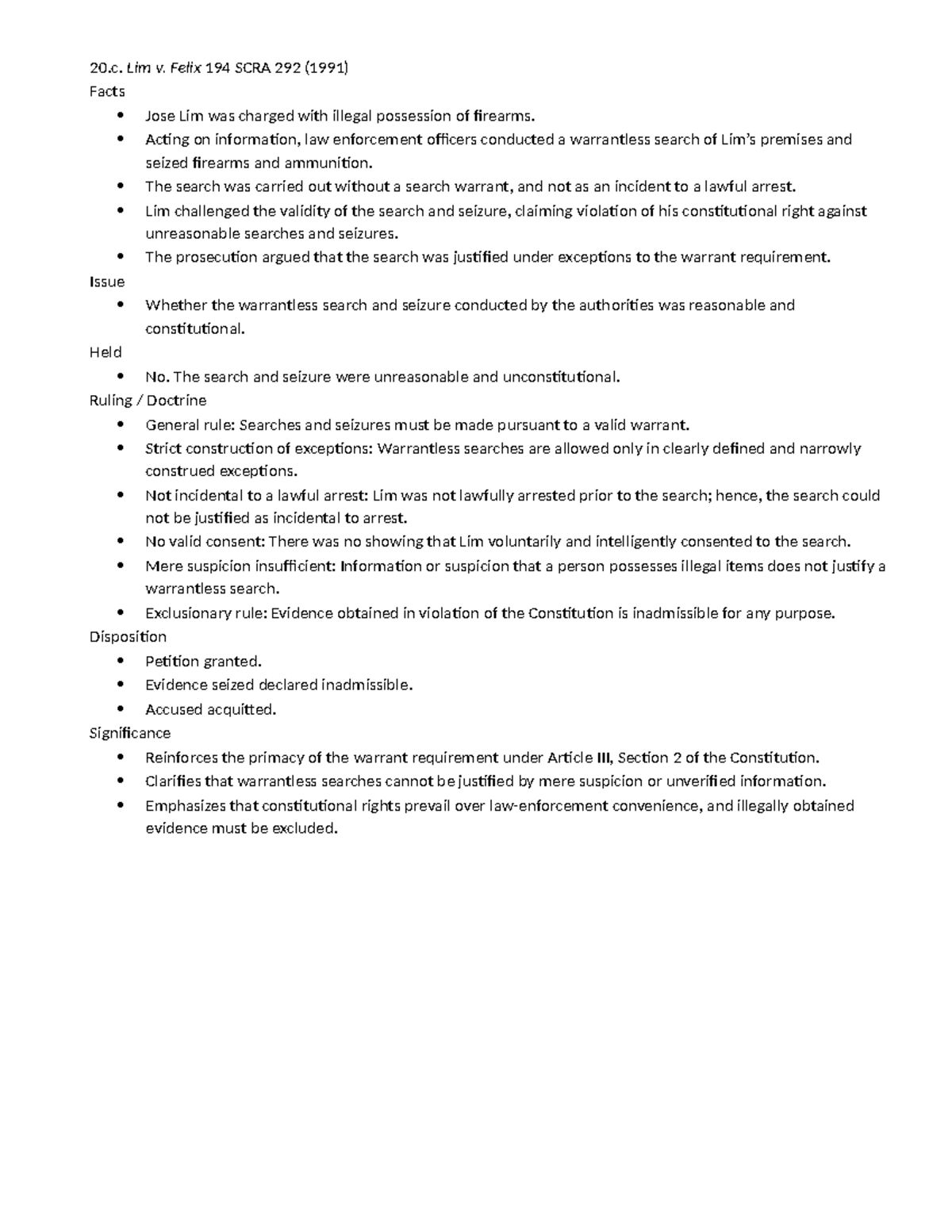 20.c. Lim v. Felix 194 SCRA 292 (1991) Case Analysis and Ruling - Studocu