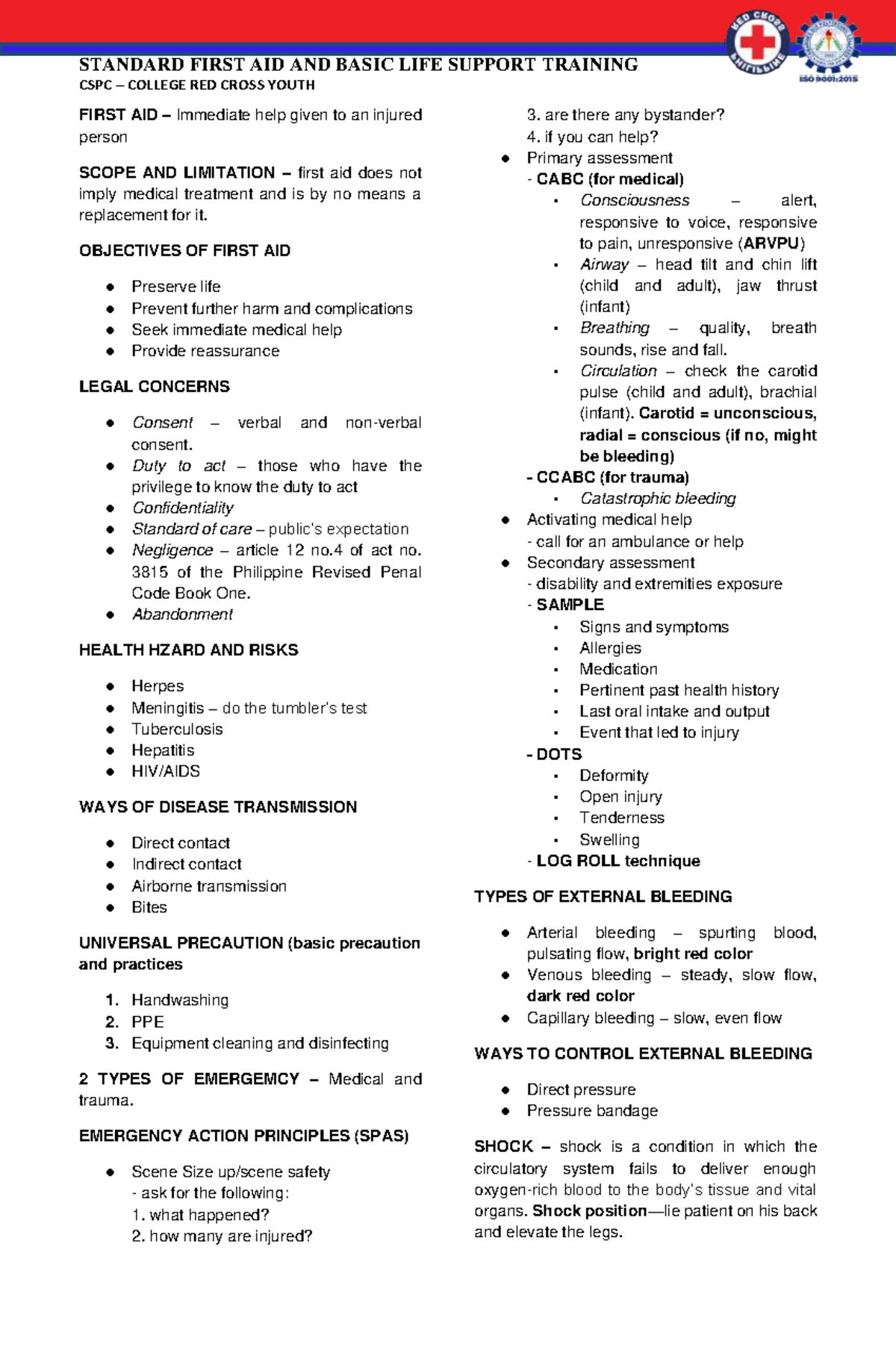 SFAT-1 - Provide overview of information - CSPC – COLLEGE RED CROSS ...