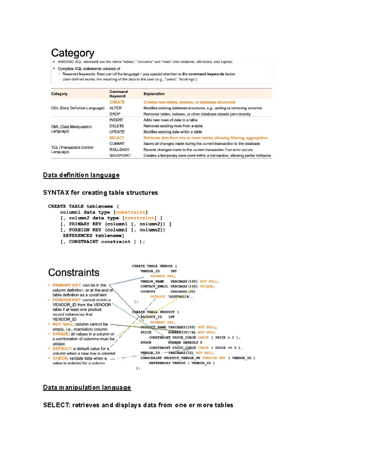 W3 infs1603 notes - Data definition language SYNTAX for creating table ...