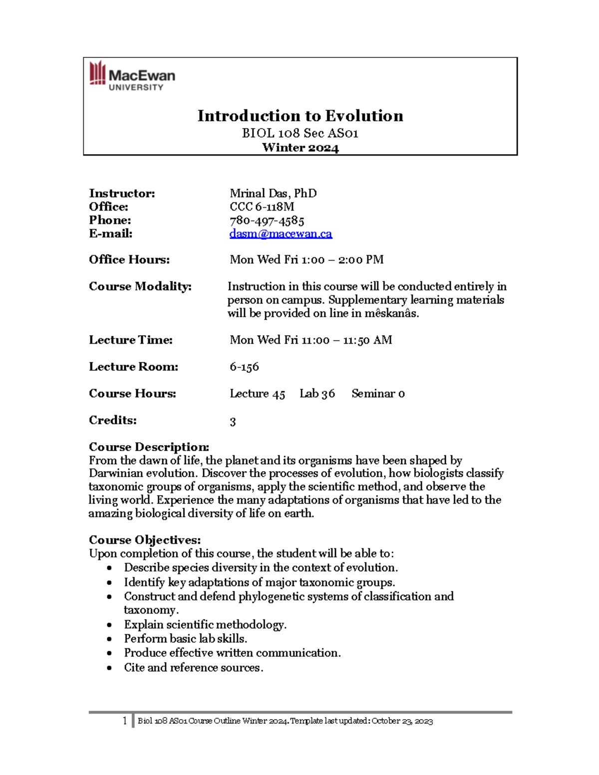 BIOL 108 AS01 Winter 2024 Syllabus: Introduction to Evolution - Studocu