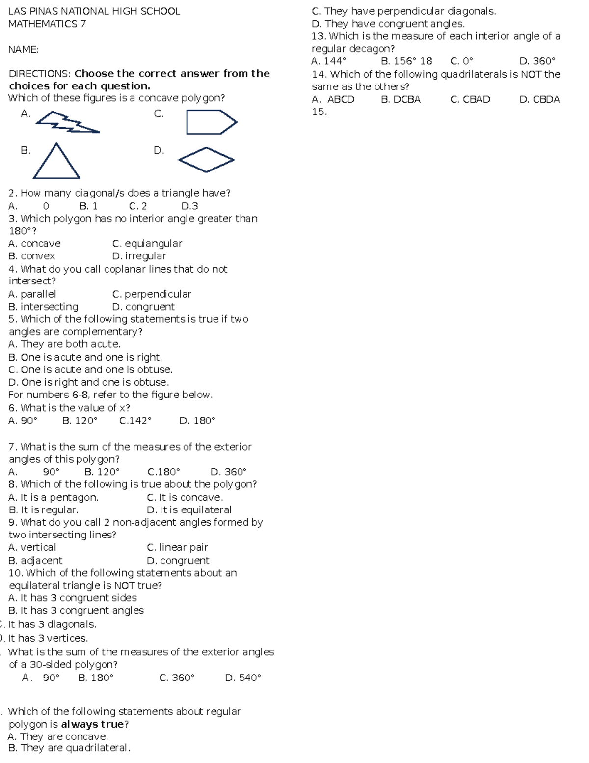 MAT 7 Chapter 1 Quiz - Understanding Polygons and Angles - Studocu