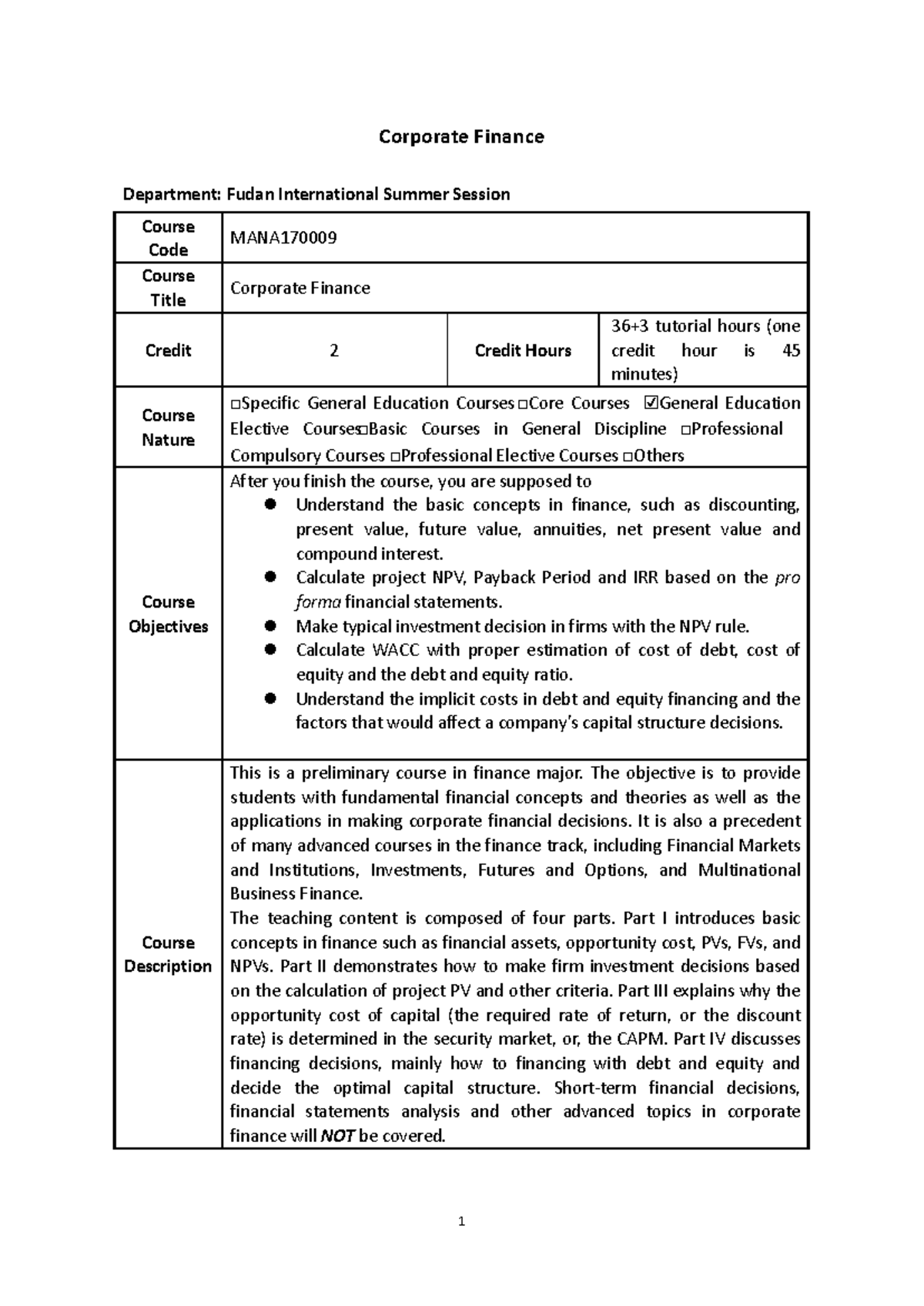 MANA 202 Corporate Finance Course Outline and Syllabus Guide - Studocu