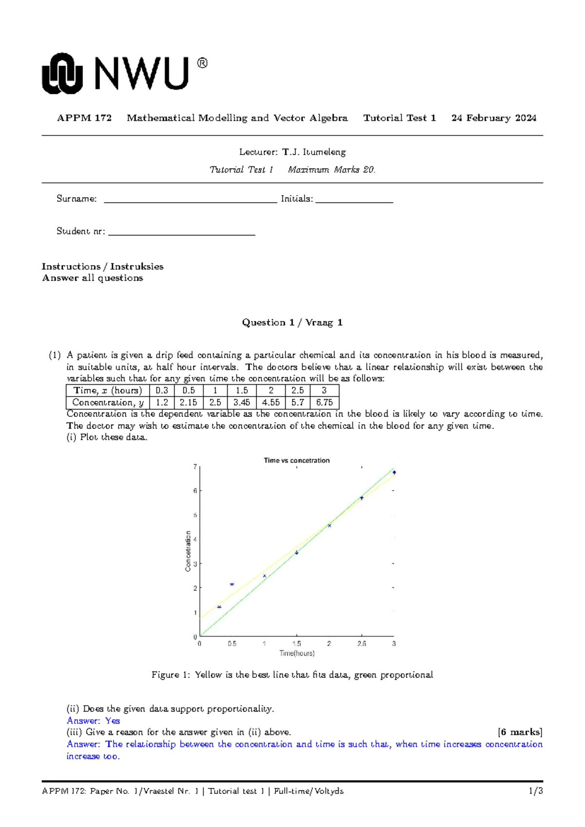 APPM 172 Semester Test Memo: Mathematical Modeling & Vector Algebra ...