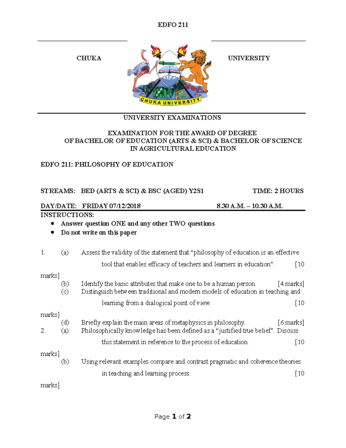 EDFO 211 - Final Exam Questions on Philosophy of Education - Studocu