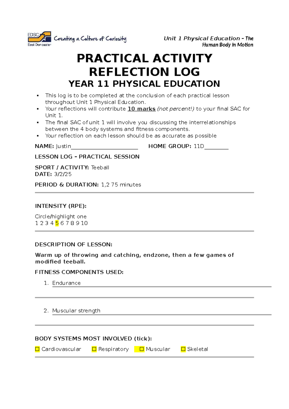 11PE Unit 1 2026 Practical Activity Reflection Log - Studocu