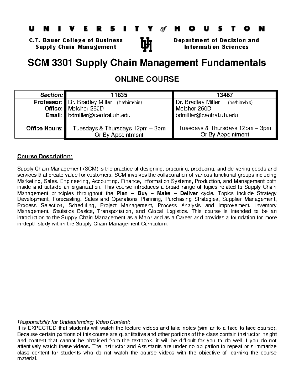 Spring 2023 SCM 3301 Online Syllabus - C. T. Baue r Co ll e ge o f Busi ...