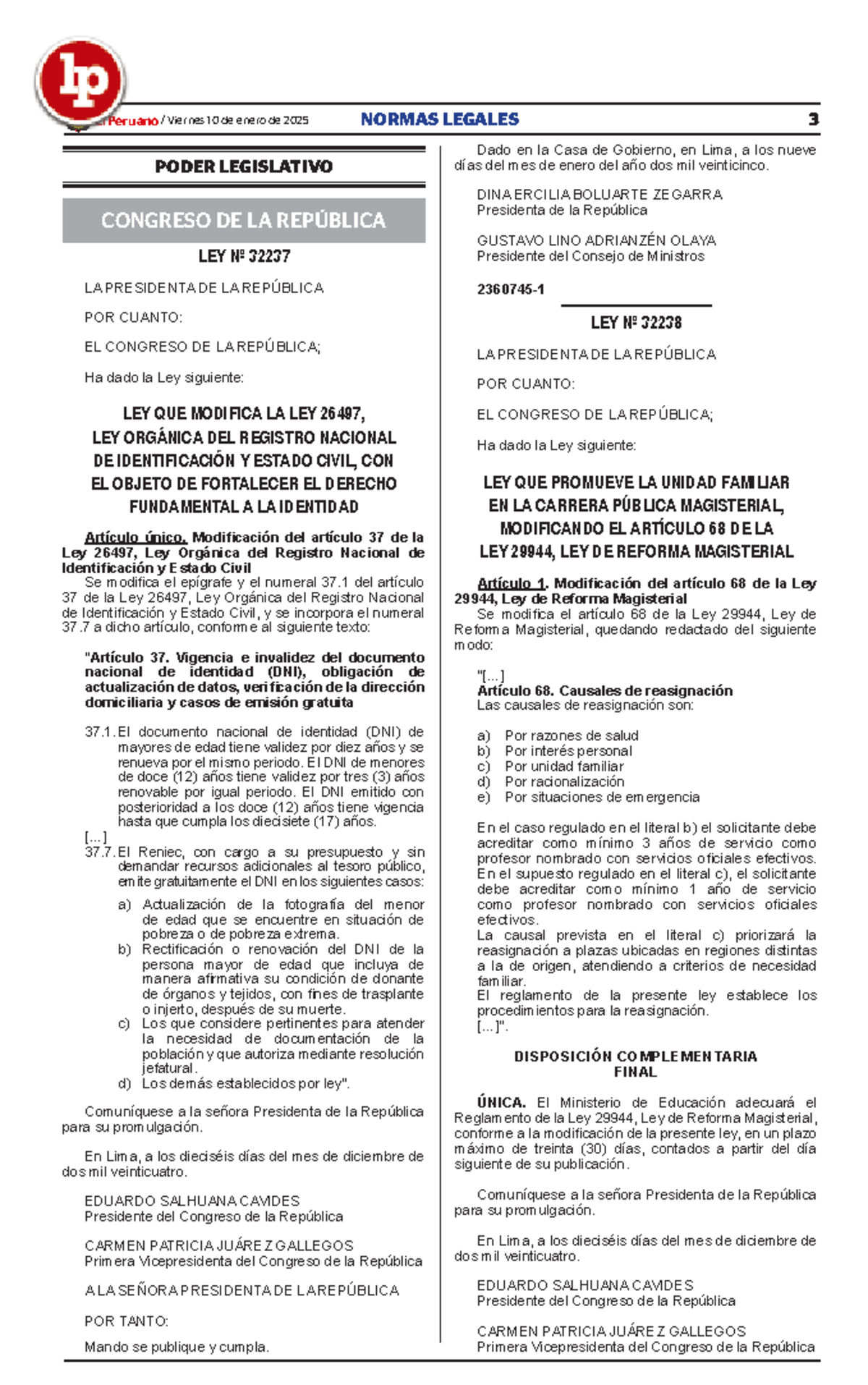 Ley Nº 32237: Modificación de la Ley 26497 sobre Identidad Civil - Studocu