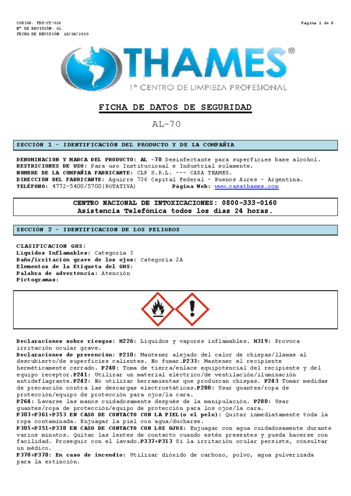 FICHA DE DATOS DE SEGURIDAD: Desinfectante de Alcohol 70 - Thames REV. 01 - Document Preview