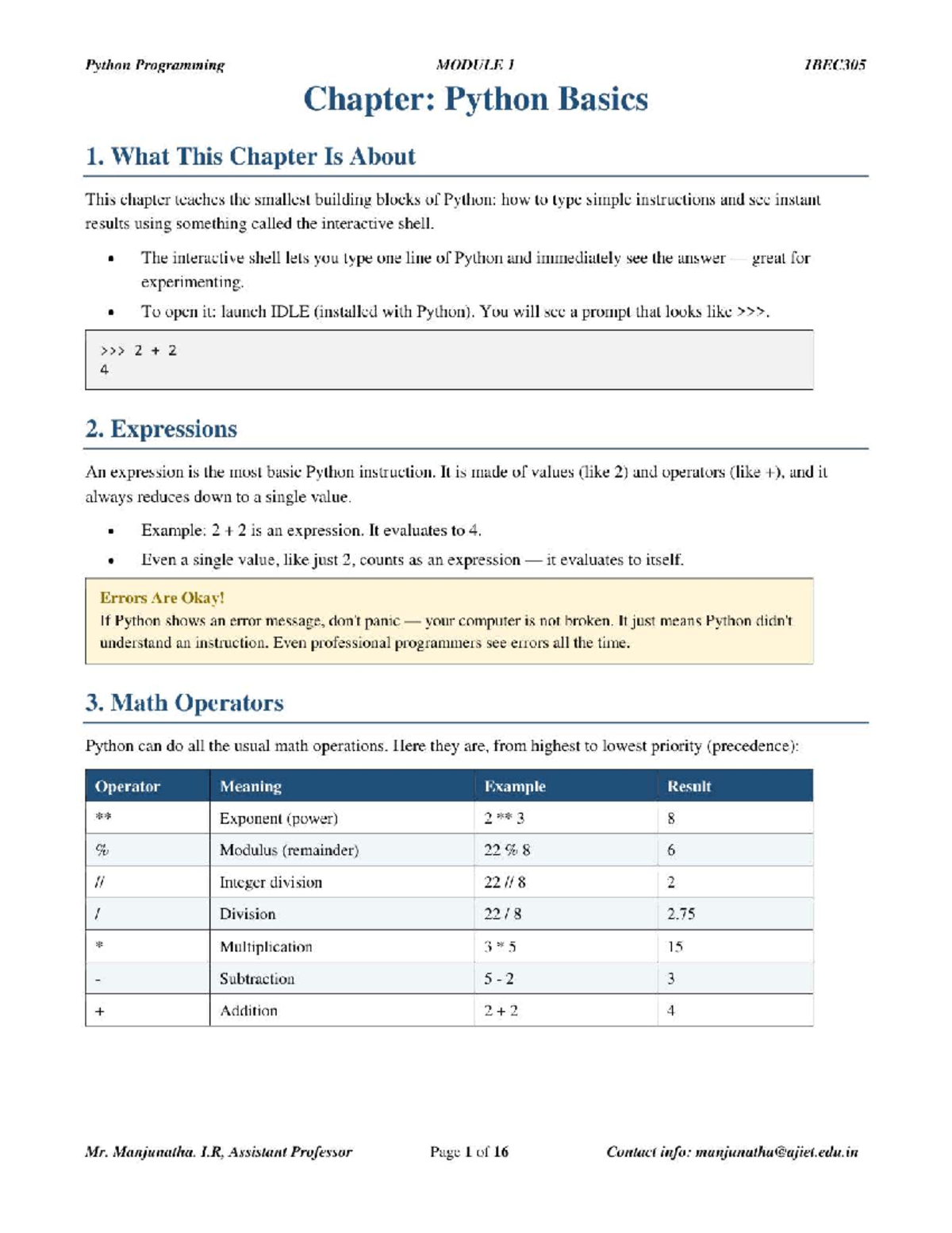Python Programming MODULE 1 1BEC305: Chapter on Python Basics and ...