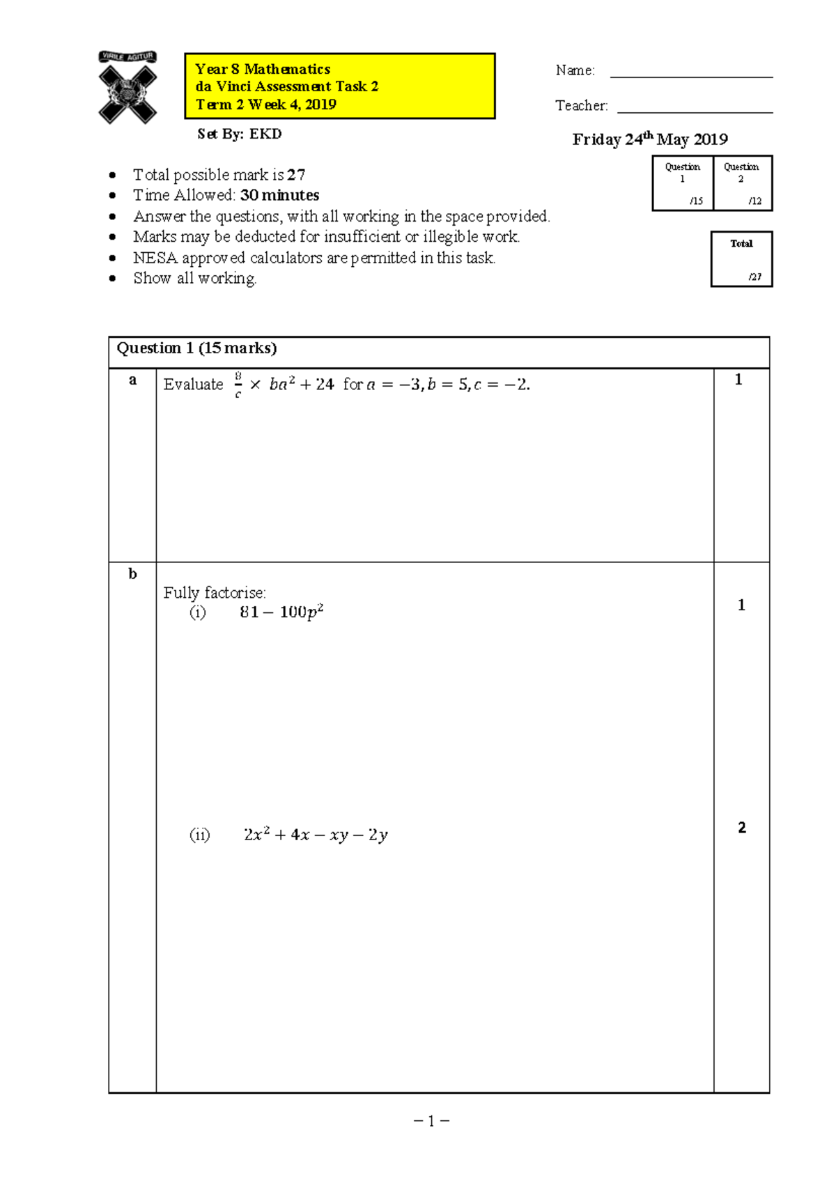 Year 8 Mathematics DV AT2 - Assessment Task & Evaluation Criteria - Studocu