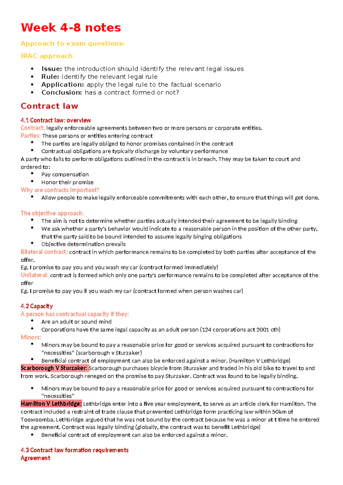 Contract Law Exam Notes: IRAC Approach & Key Concepts (LAW 4.1) - Studocu