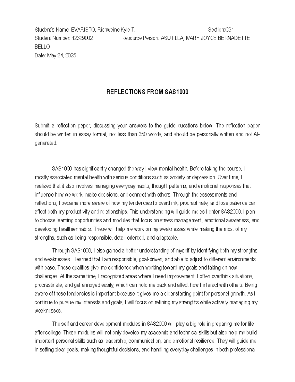SAS1000 Reflection Paper Assignment #3: Insights on Mental Health ...
