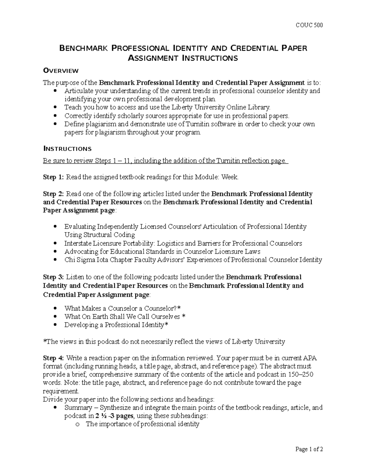 COUC 500: Benchmark Professional Identity & Credential Paper Guide ...