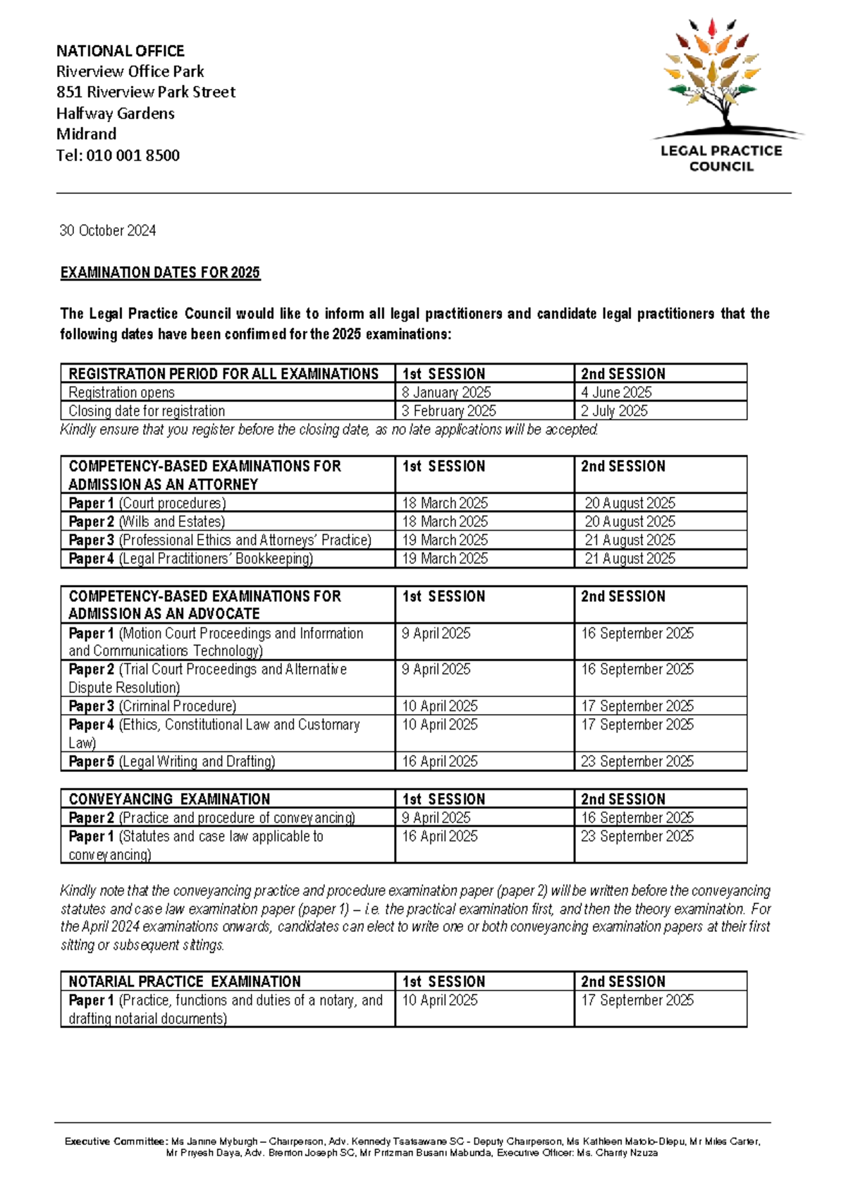 Examination Dates Notice 2025 for Legal Practitioners and Candidates ...