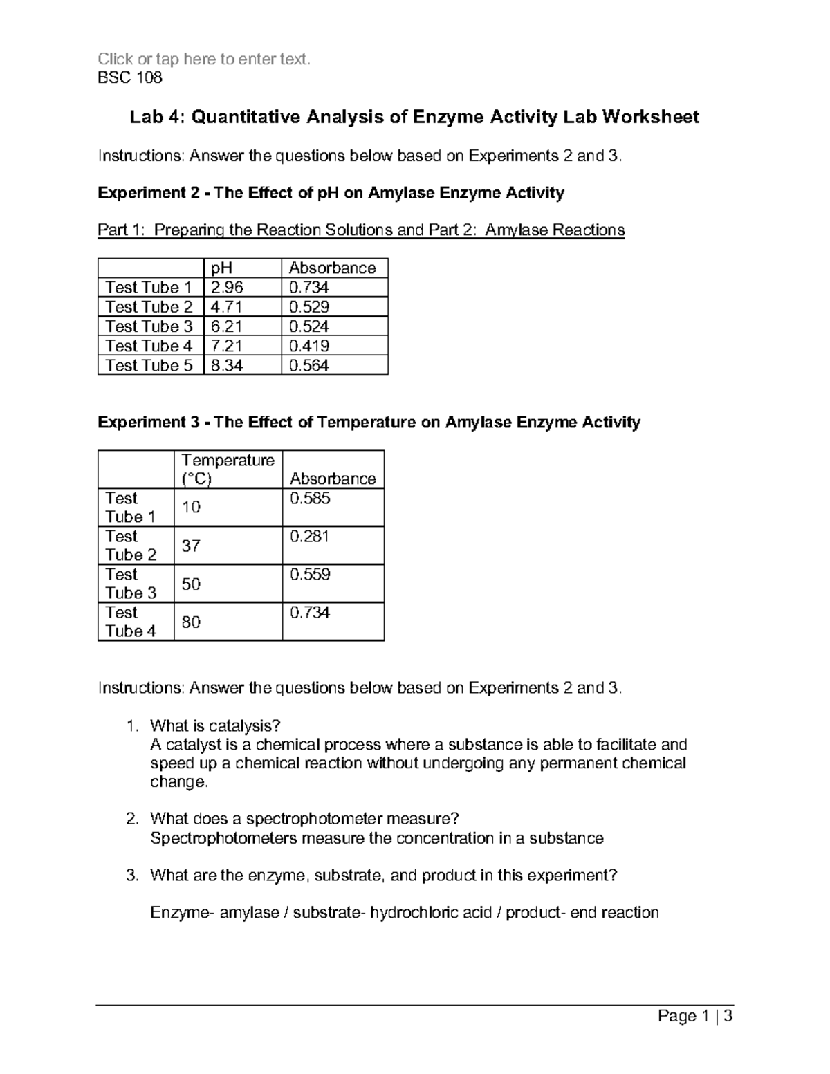 BSC 108 Lab 4: Worksheet on Enzyme Activity – Amylase Analysis - Studocu