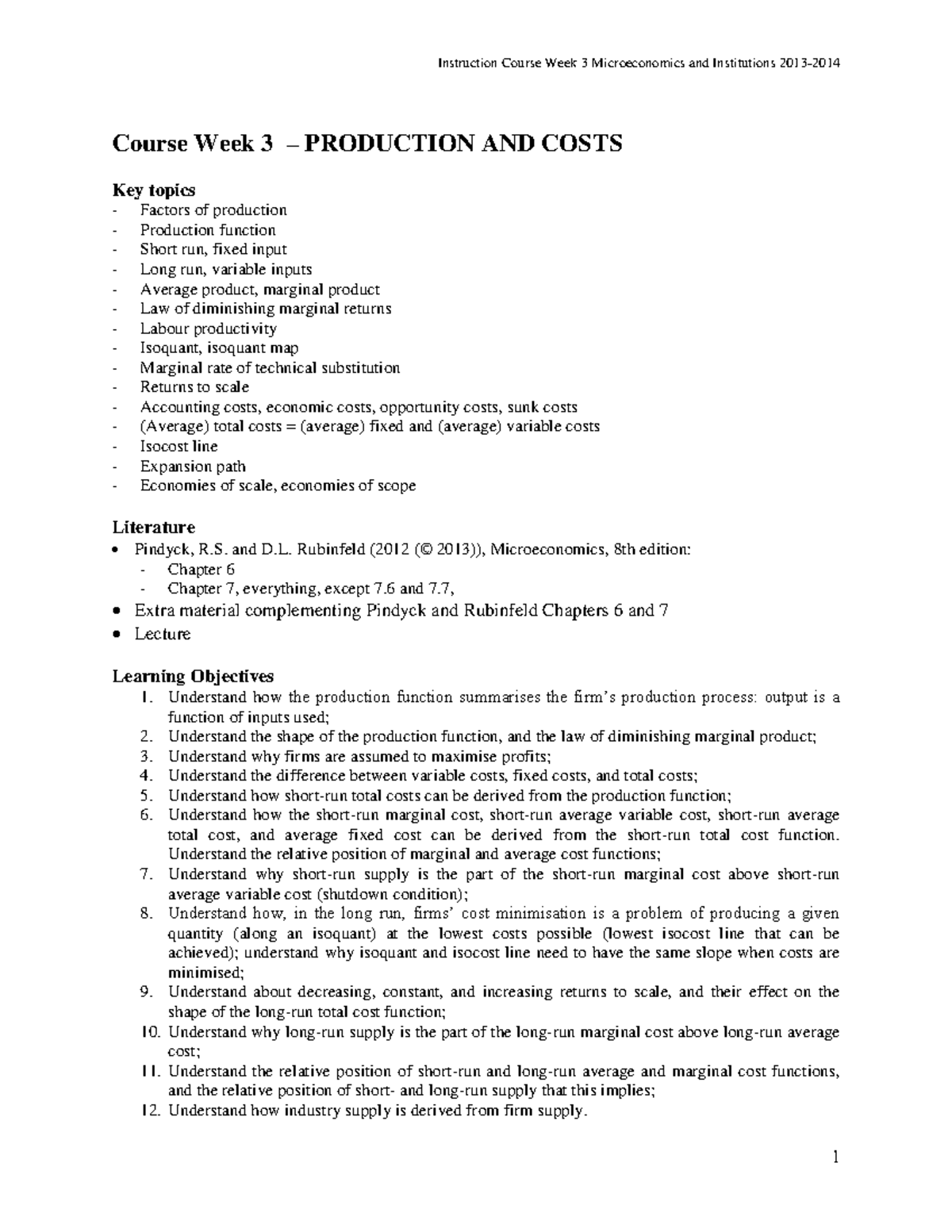 Production and Cost Concepts - Week 3 & 6 Study Notes - Studeersnel