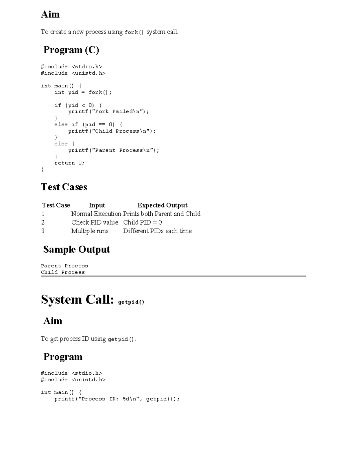 Test Cases for Process Management in C (CS101) - Studocu