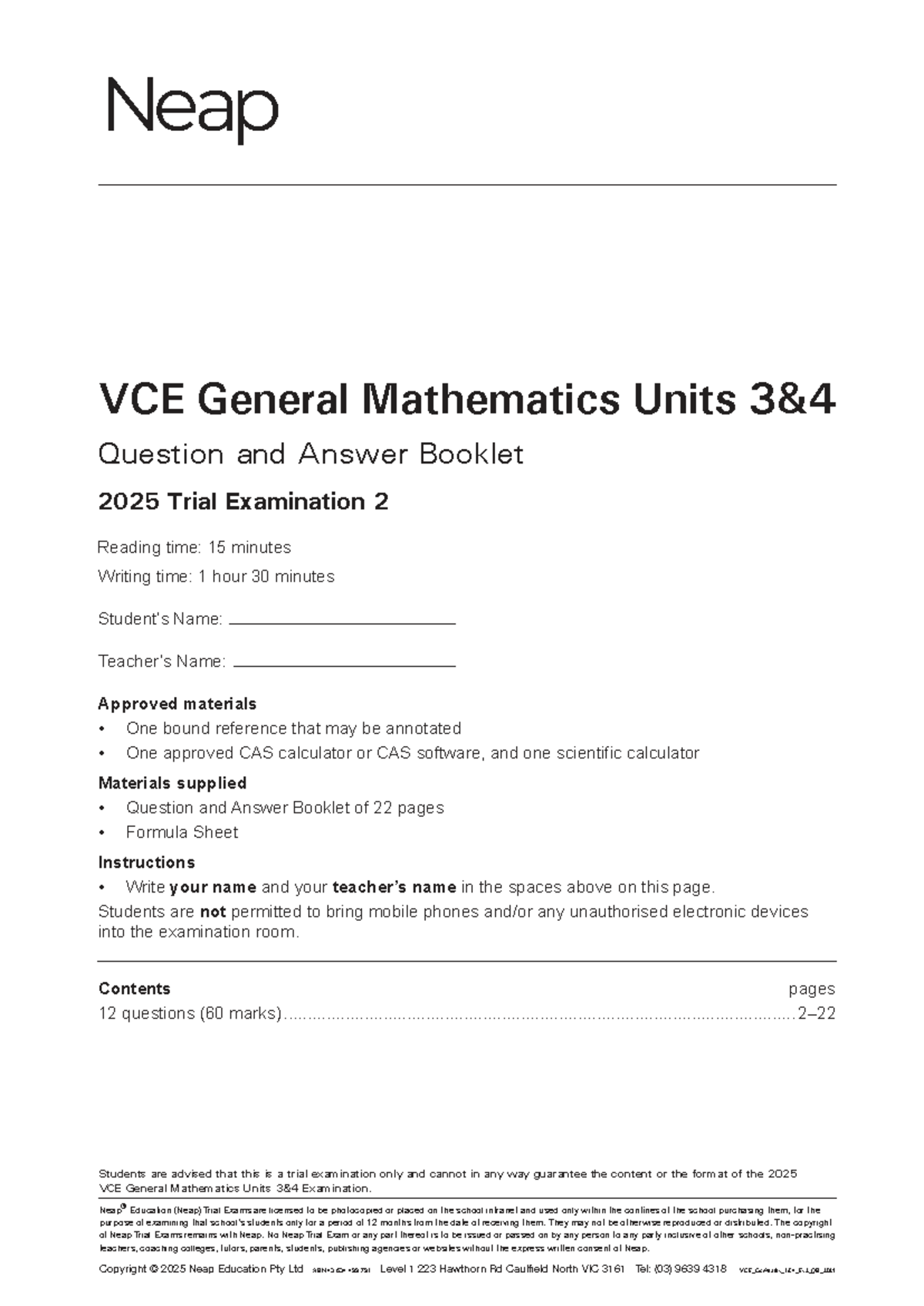 VCE General Mathematics Units 3&4 Trial Exam 2 Q&A Booklet 2025 - Studocu