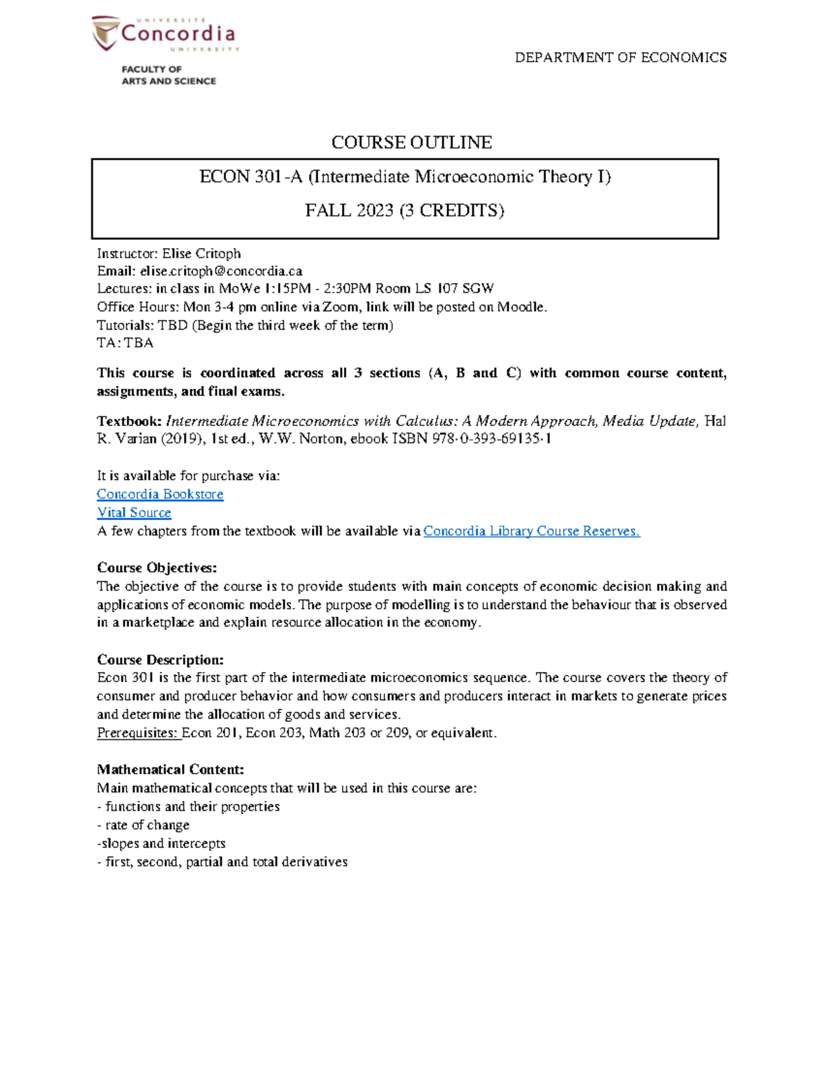 Econ 301-A Course Outline: Intermediate Microeconomics Fall 2023 - Studocu