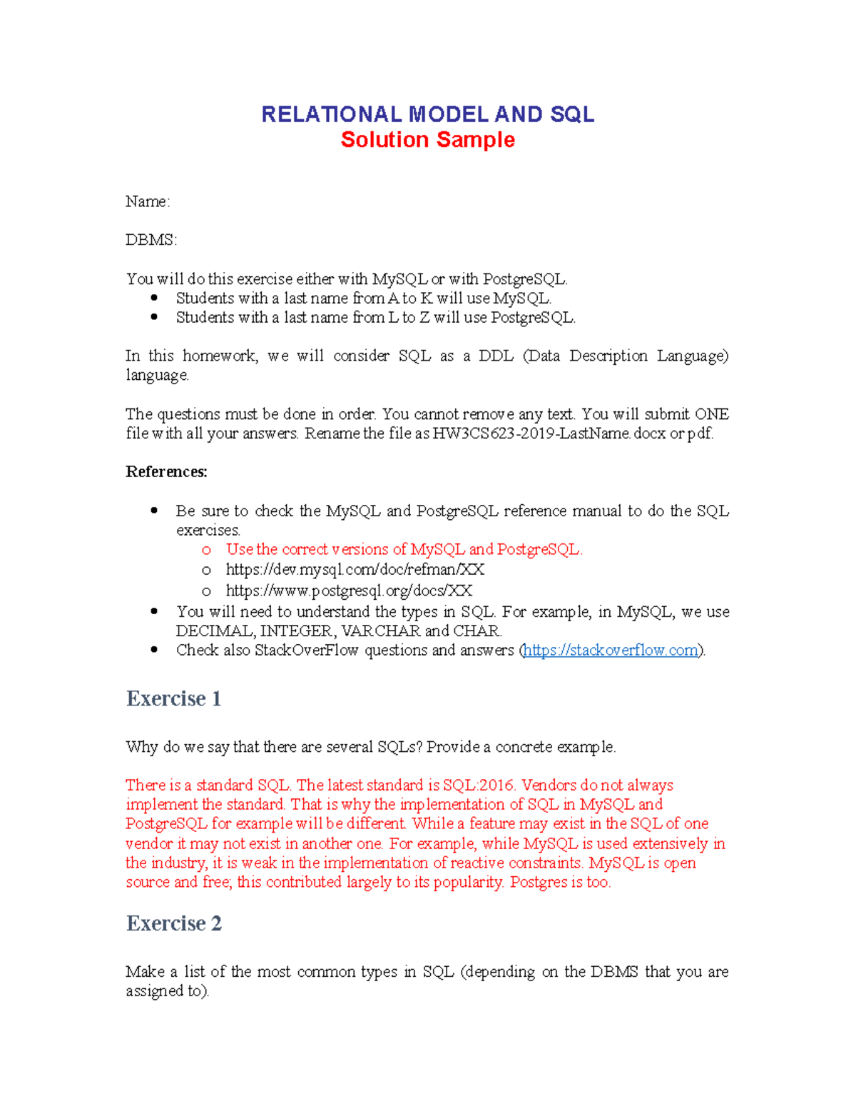 CS623 Assignment 3: Relational Model & SQL Exercises - Studocu