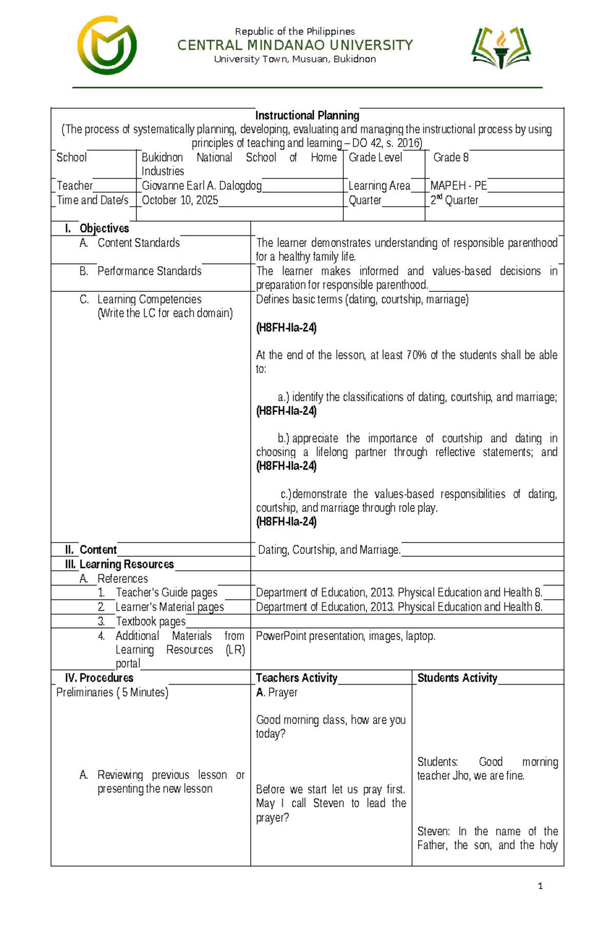 Grade 8 MAPEH Lesson Plan: Dating, Courtship, and Marriage - Studocu