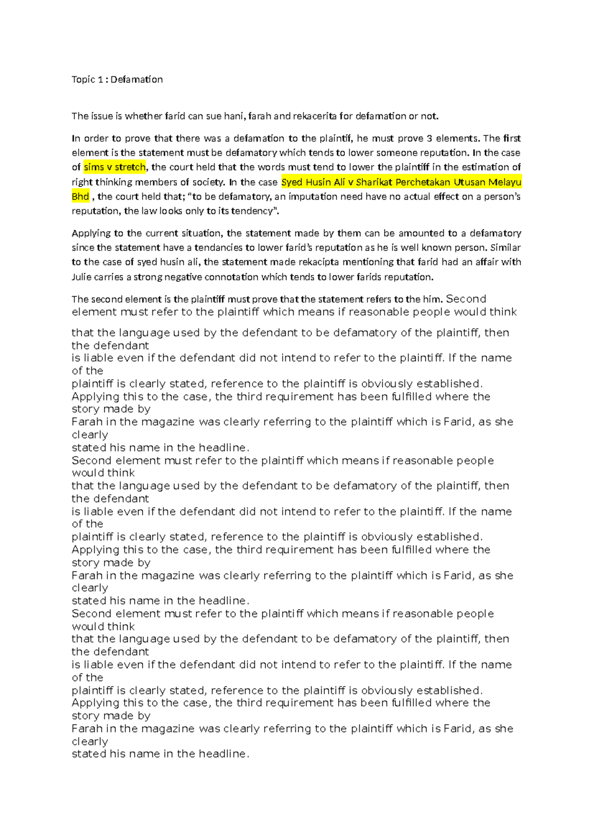 Defamation Analysis: Legal Elements & Case Studies (LAW 101) - Studocu