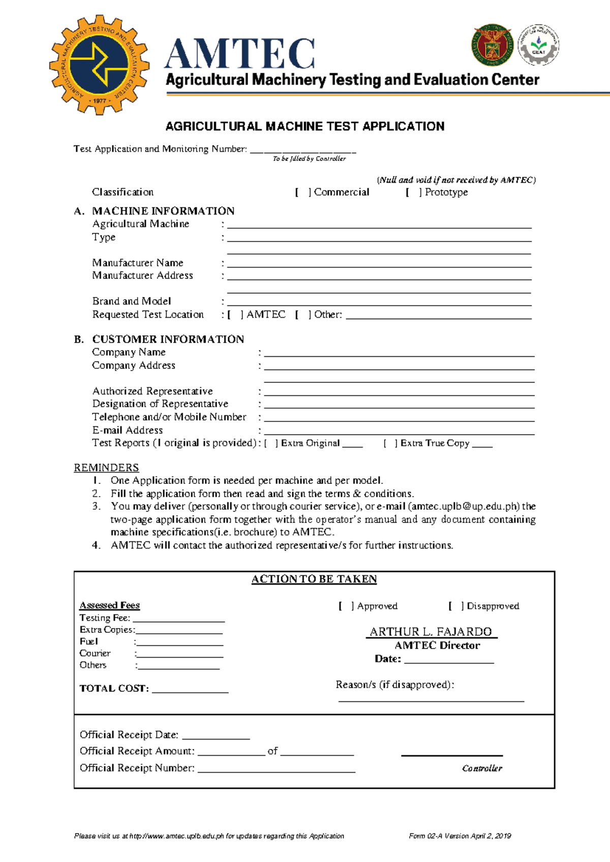AGRICULTURAL MACHINE TEST APPLICATION FORM 02-A - Studocu
