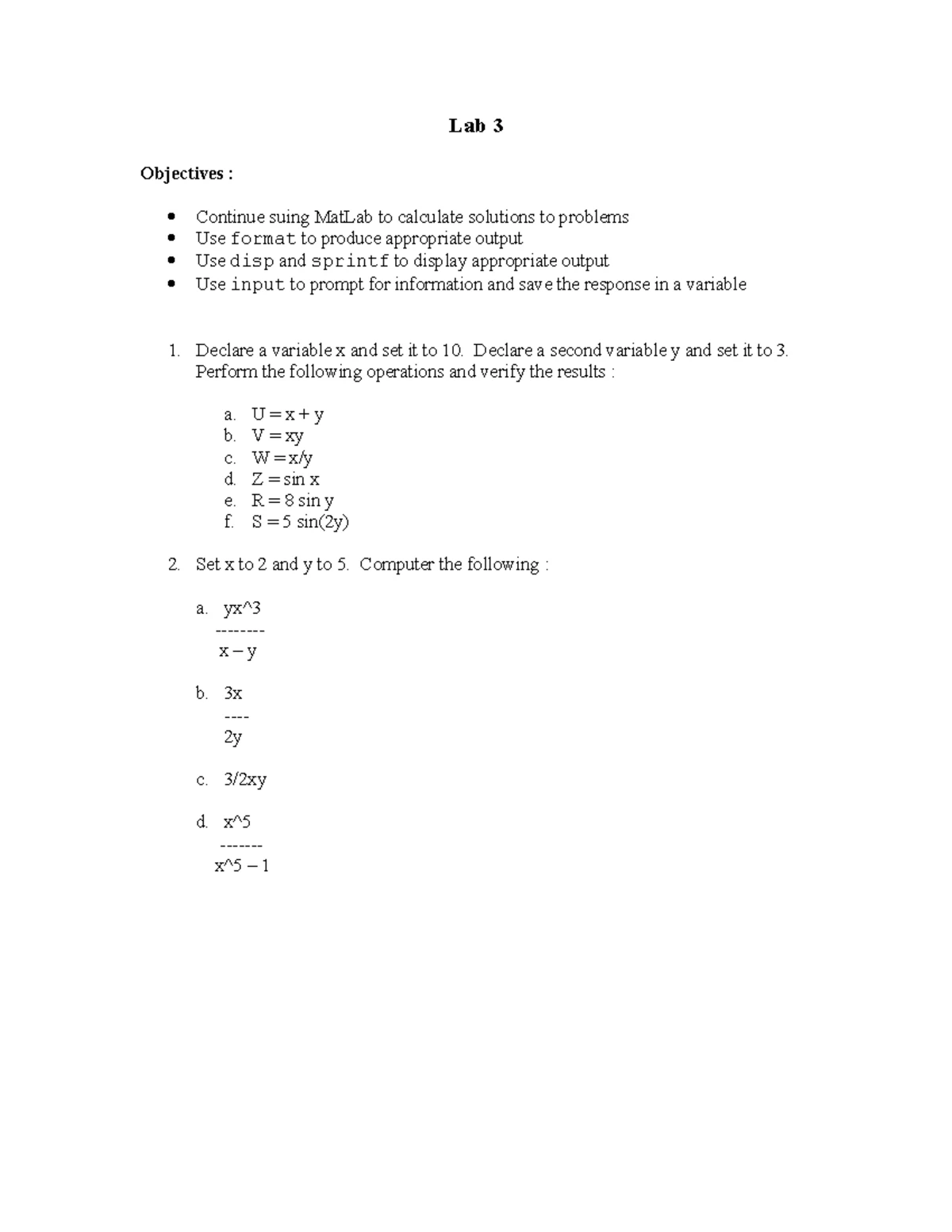 CS 104 Lab 2: Basics of MATLAB Calculator & Development Environment ...