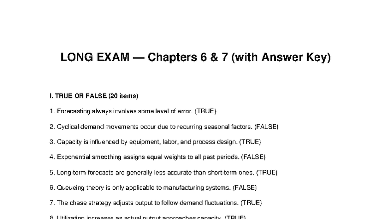 LONG EXAM MGT 101 Chapters 6 & 7 (with Answer Key) - Studocu