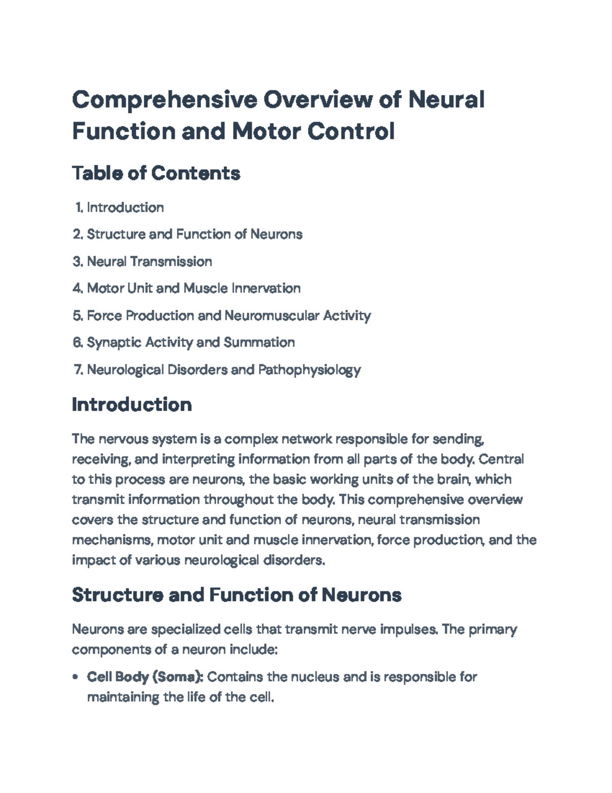 Comprehensive Overview of Neural Function and Motor Control (NEU 101 ...