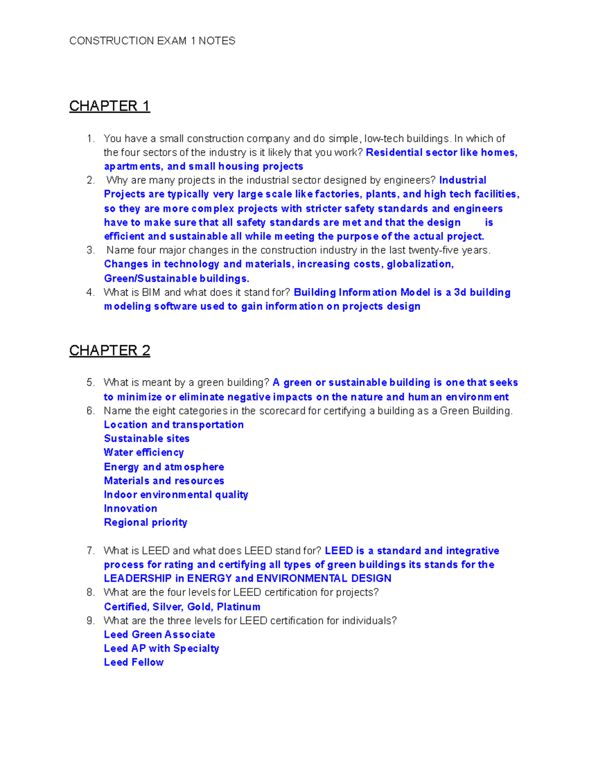 CSM 101: Construction Exam 1 Study Notes - Chapters 1 & 2 - Studocu