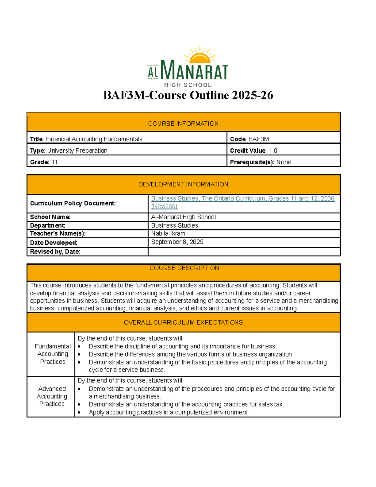 BAF3M - Financial Accounting Fundamentals Course Outline - Studocu