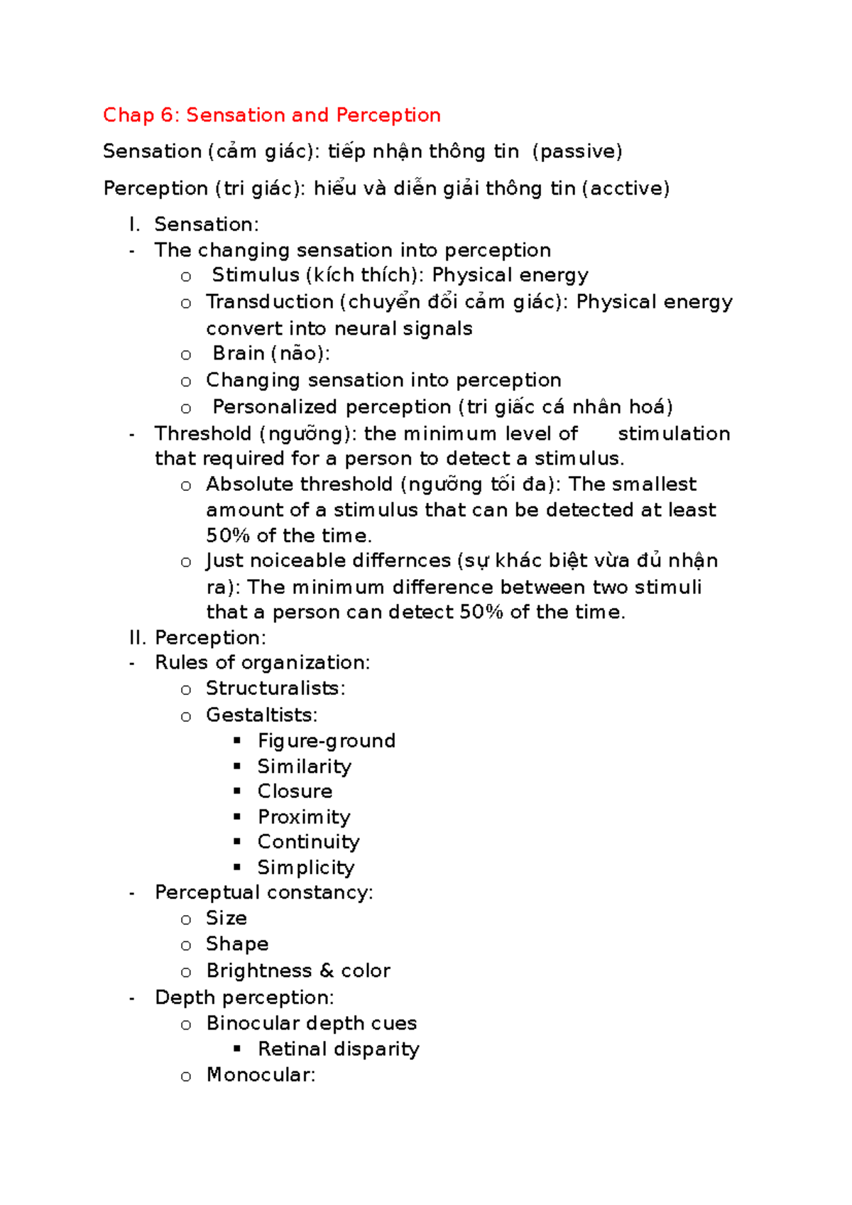 Psy 101: Chapter 6 - Sensation and Perception Overview - Studocu