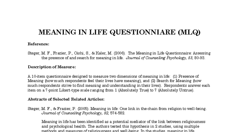 Meaning in Life Questionnaire (MLQ) - Overview and Studies - Studocu