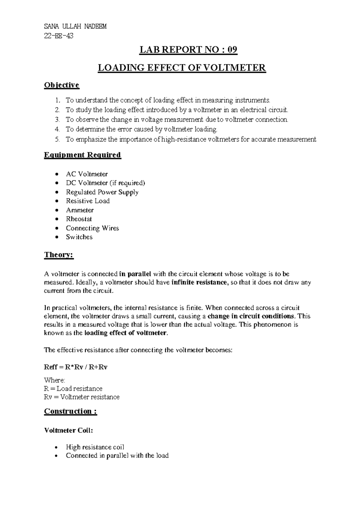 Lab Report 09: Loading Effect of Voltmeter in Electrical Circuits - Studocu
