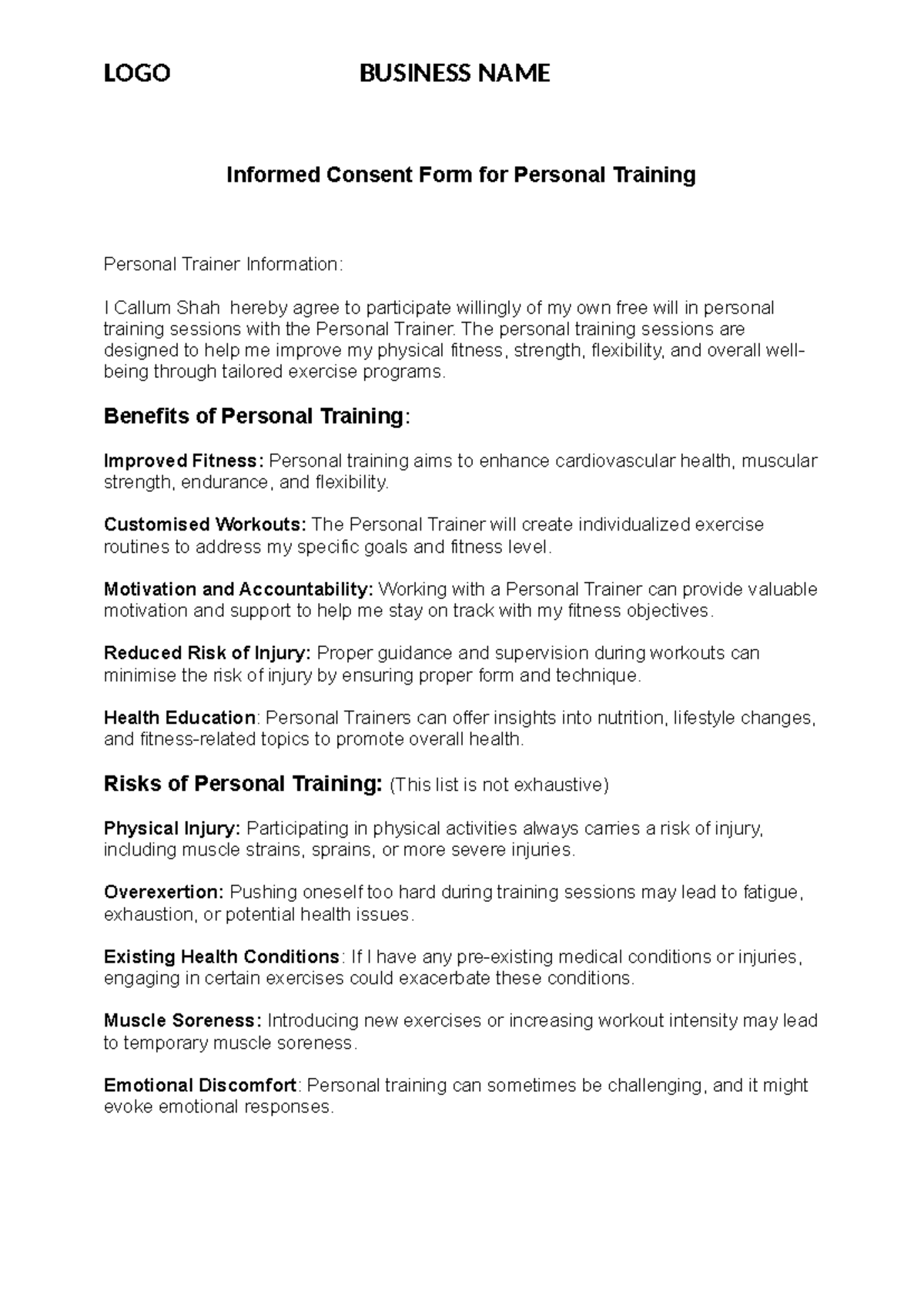 Informed Consent Form for Personal Training - LOGO BUSINESS NAME ...