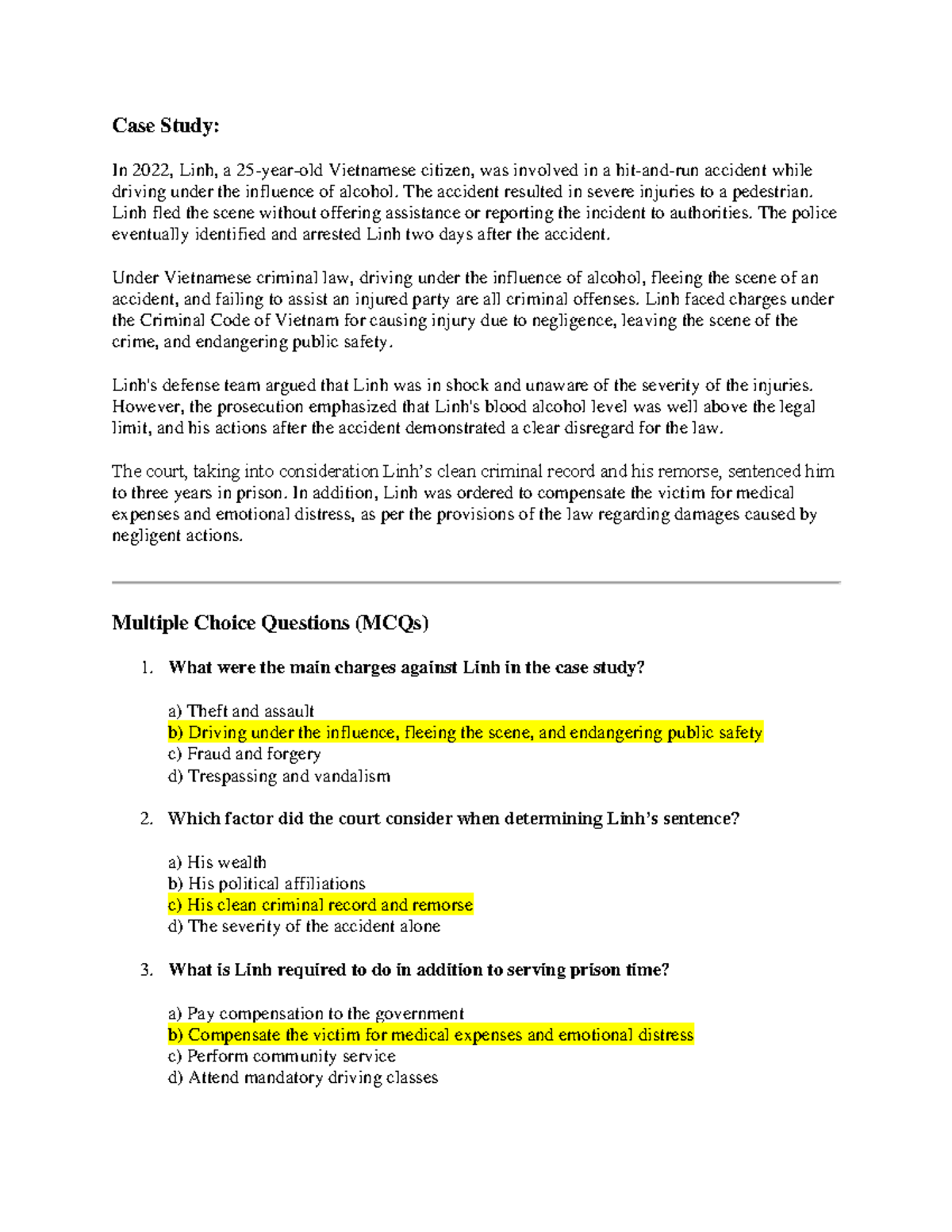 Case Study - Criminal 1: Linh's DUI Hit-and-Run Incident Analysis - Studocu