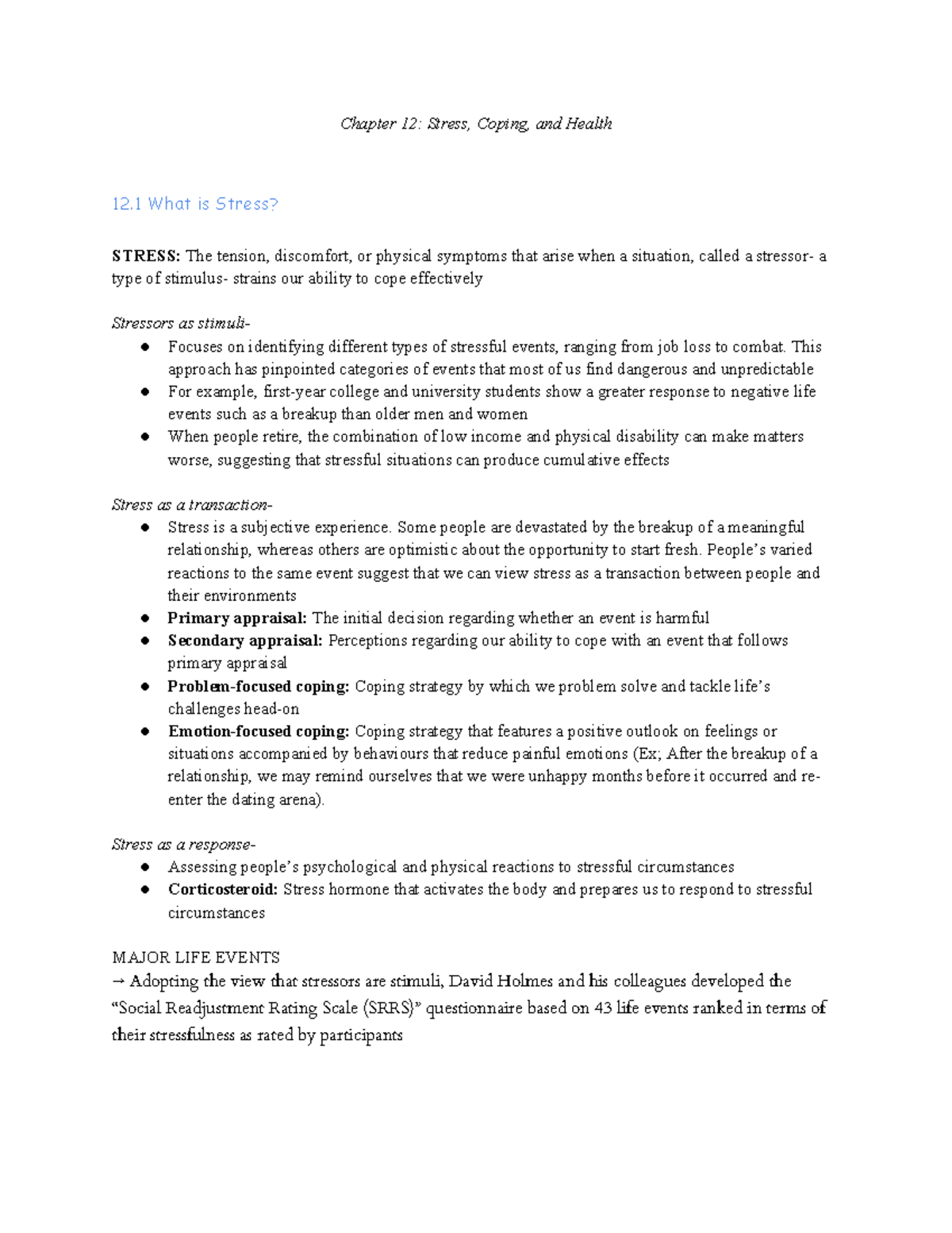 Psych 1160 Chapter 12: Understanding Stress and Coping Mechanisms - Studocu