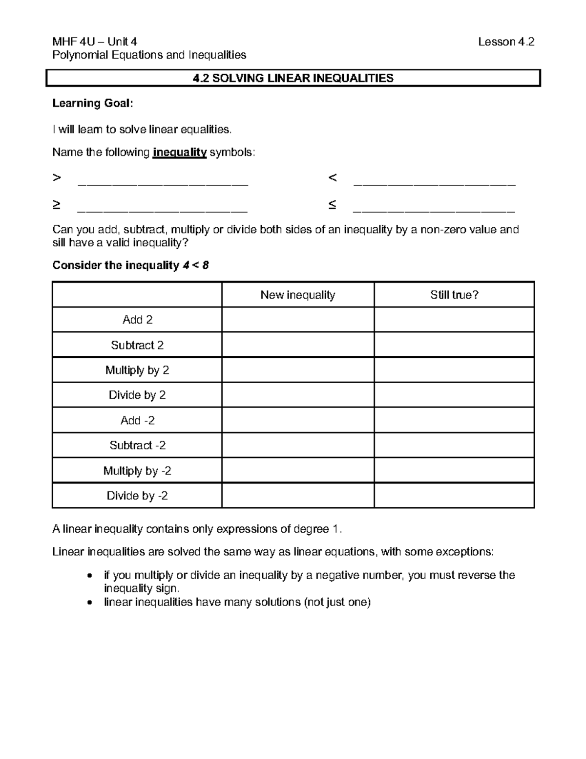 MHF 4U Unit 4 Lesson 4.2: Solving Linear Inequalities Guide - Studocu