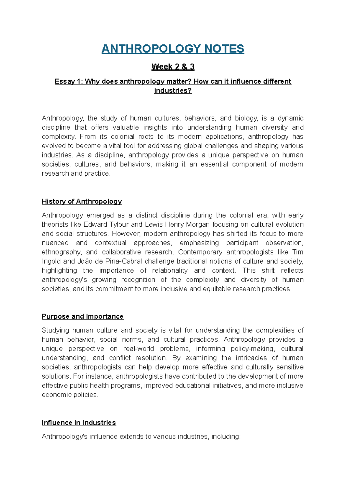 Anthropology Notes - Exam Prep for ANTH 101: Week 2-10 Insights - Studocu
