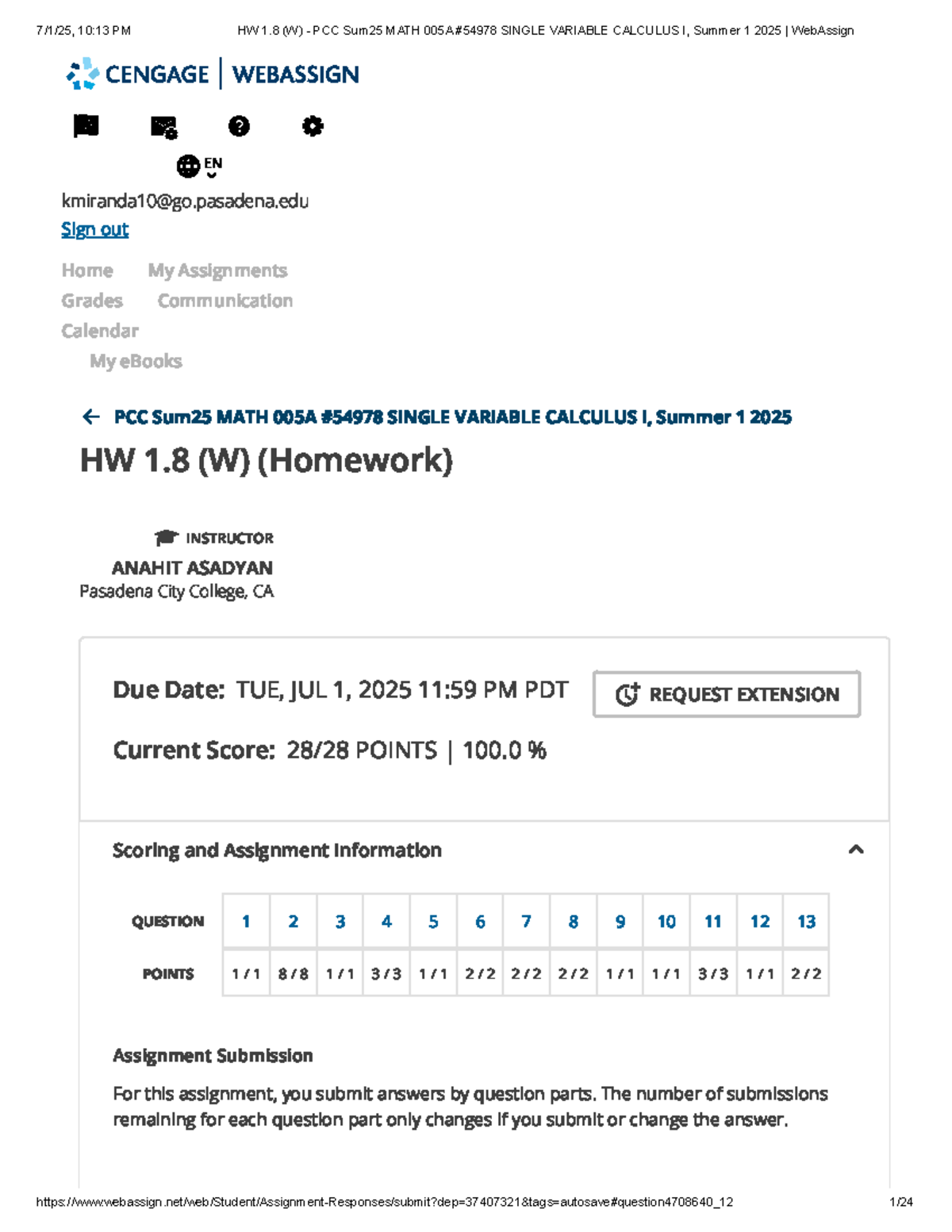 HW 1.8 (W) PCC Sum25 MATH 005A Single Variable Calculus I - Summer 2025 ...