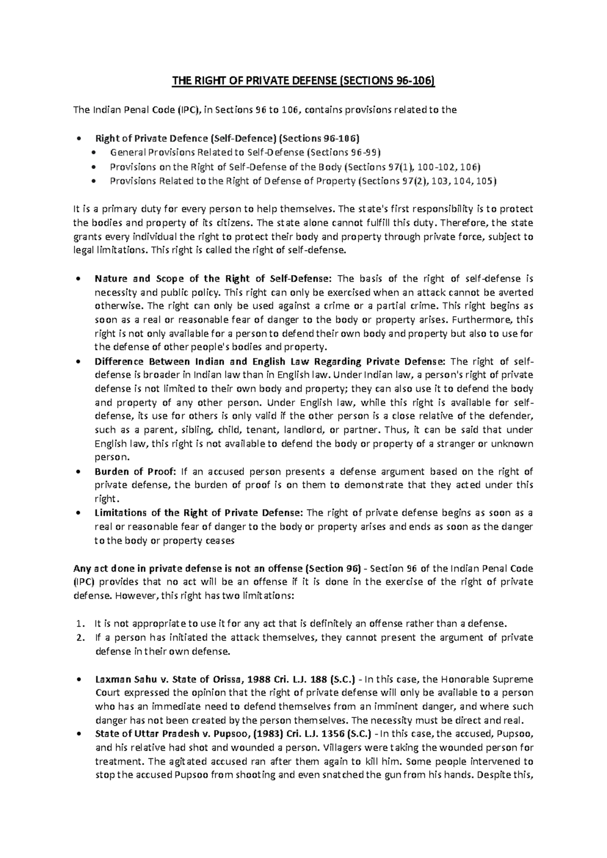 EM BNS 3: Right of Private Defense (Sections 96-106) - LLB BNS Notes ...