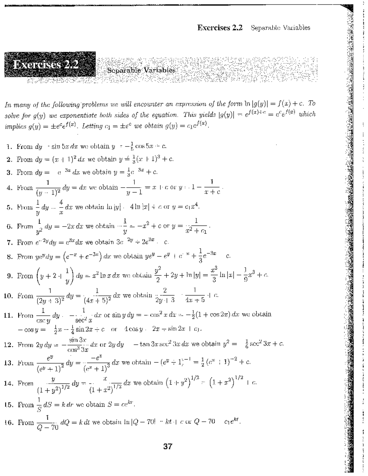 Exercises 2.2 Solutions for Separable Variables Problems - Studocu
