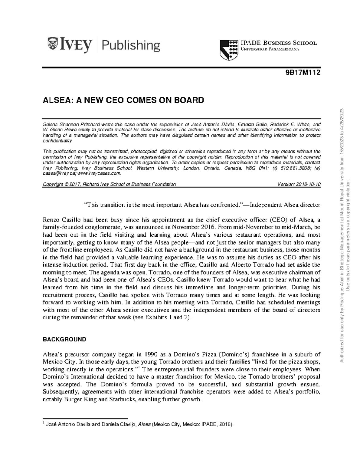 9B17M112 pcu - Alsea Case Study: CEO Transition and Growth Strategy ...