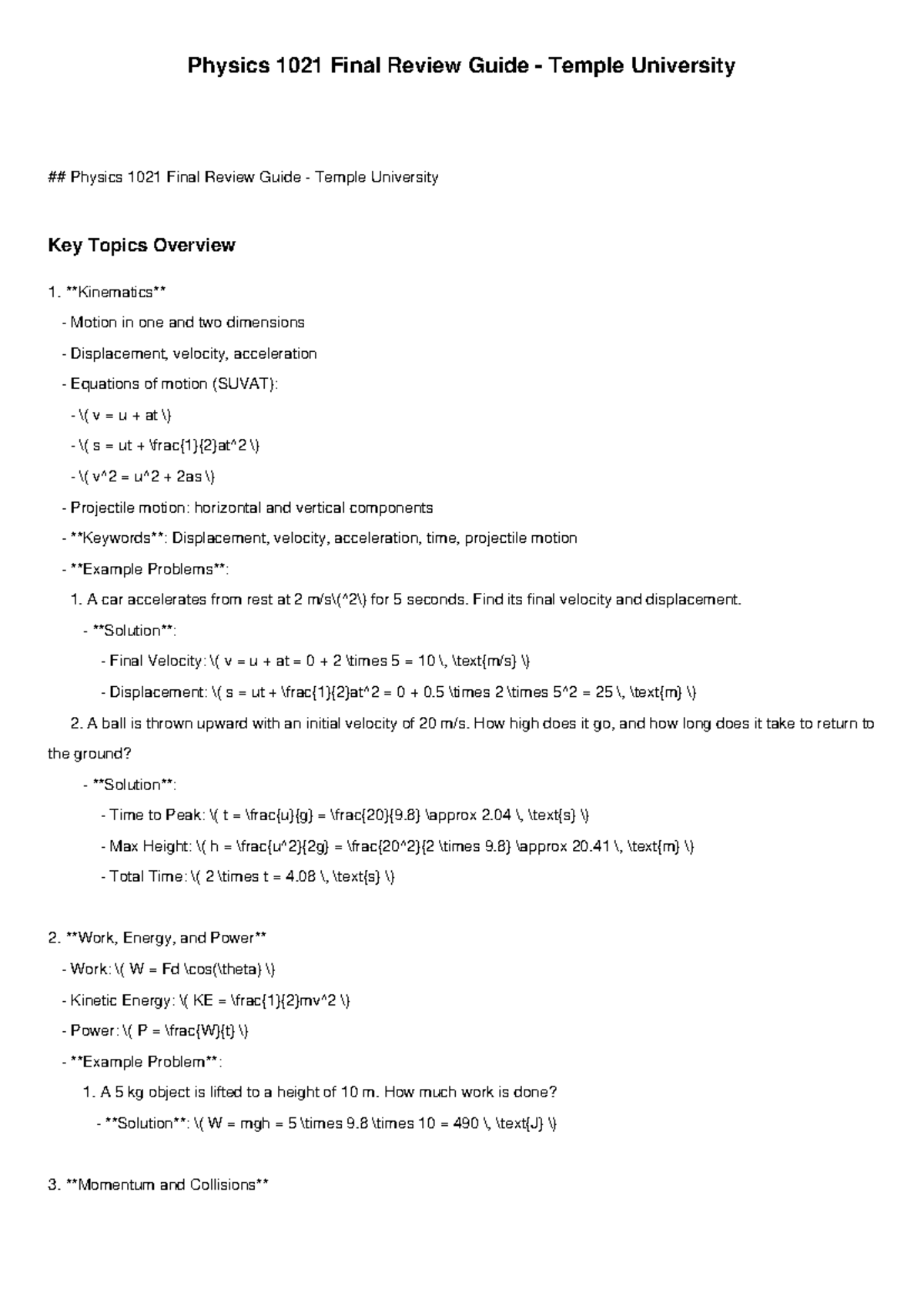 Physics 1021 Final Review Guide - Key Topics & Example Problems - Studocu
