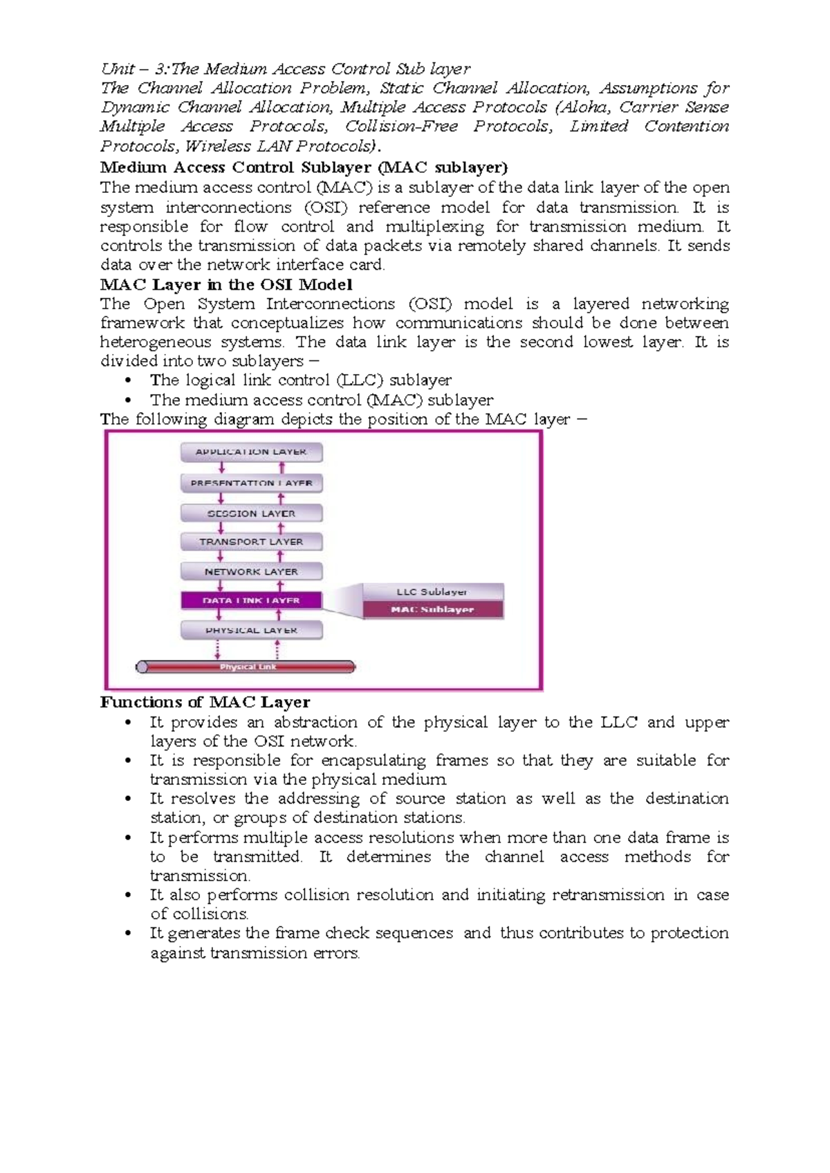 Unit 3: MAC Sublayer and Channel Allocation Protocols in Networking ...